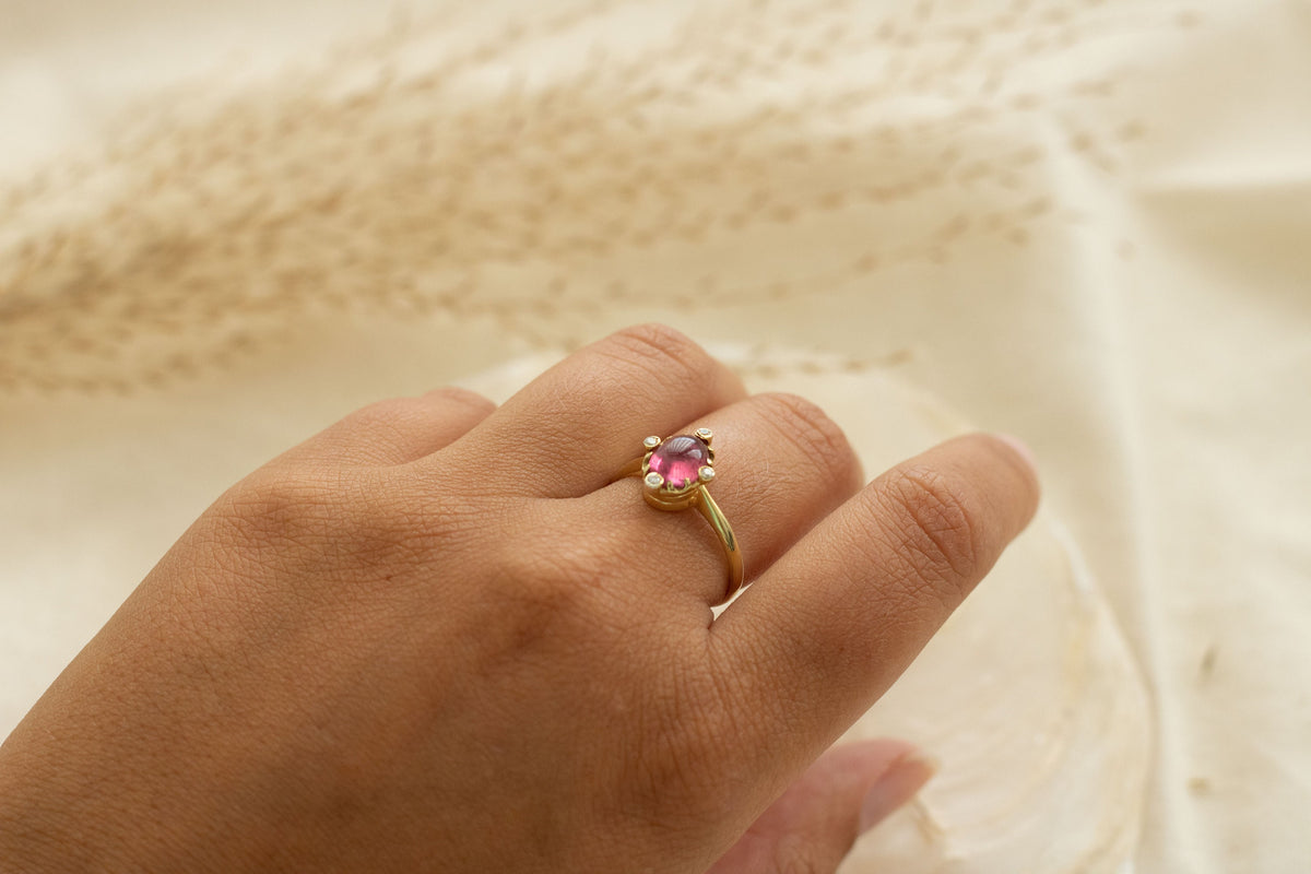 Rosa Turmalin Gold Ring, Jugendstil Goldring 750 Gelbgold, 18 Karat mit Turmalin, Diamant Ring Gold, Unikatschmuck, Goldschmied, Handarbeit