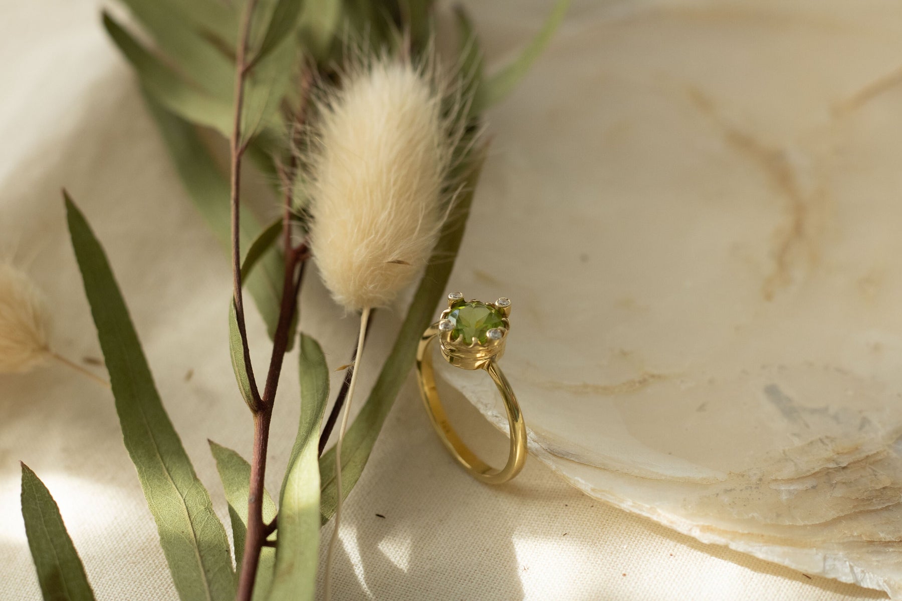 Peridot Gold Ring, 18 Karat Gelbgold, Jugendstil Diamant Ring, 14 Karat Ring, Goldschmied, Brillant Schmuck, Handarbeit, Verlobungsring