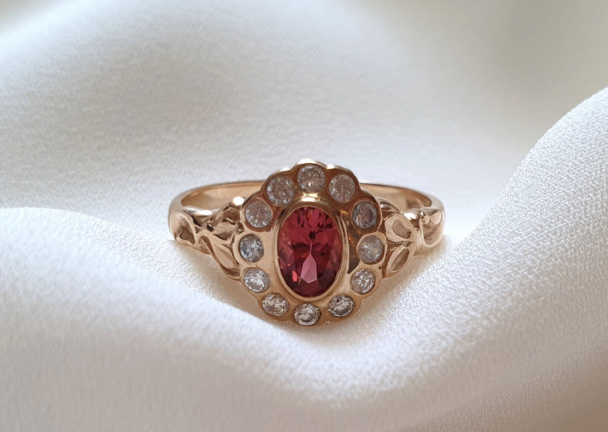 Goldring, 585 Gold, Rosa Turmalin, Jugendstil Ring, 14 Karat, 585 Gelbgold, Brillanten, Vintage, Art Nouveau, Antikschmuck