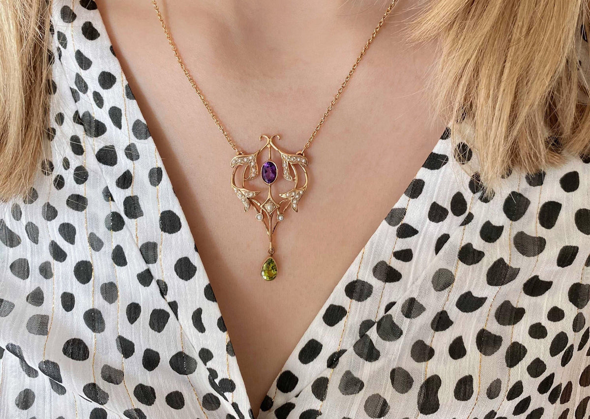 Jugendstilkette Art Nouveau chain 925 Silber Roségold vergoldet Collier mit Amethyst Peridot und echten Halbperlen