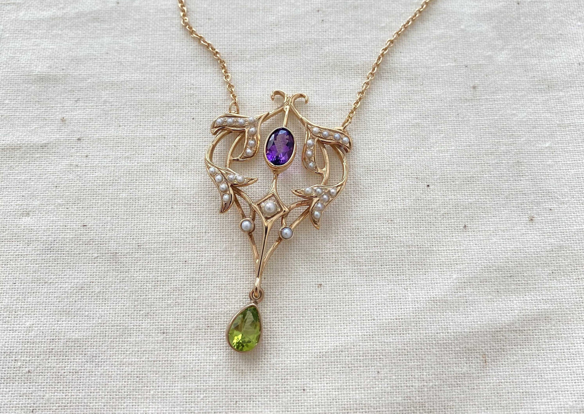 Jugendstilkette Art Nouveau chain 925 Silber Roségold vergoldet Collier mit Amethyst Peridot und echten Halbperlen