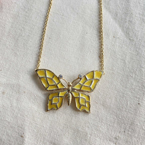 Schmetterling Kette Emaille Gelb oder Blau 925 Sterling Silber vergoldet Zirkonia Jugendstilkette Art Nouveau chain außergewöhnlich