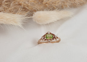 Jugendstil Ring, Art Nouveau Ring, Peridot, Brillanten, 585 Rosegold / Gelbgold, Vintage, Verlobungsring, Antik