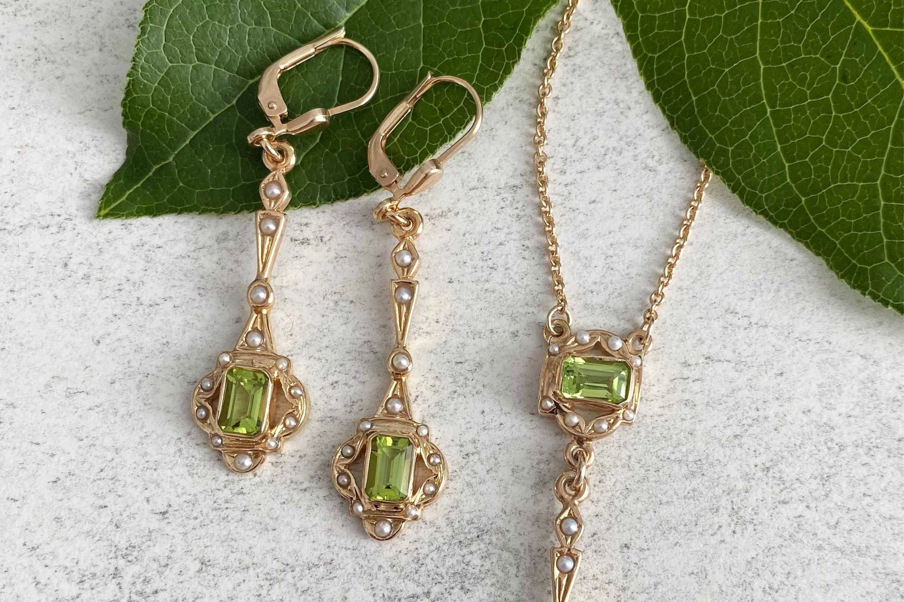 Jugendstilkette, Art Nouveau chain, 925 Silber Roségold vergoldet, Collier mit Peridot Edelsteinen, Oktagon, Achteck, Vintage Goldkette