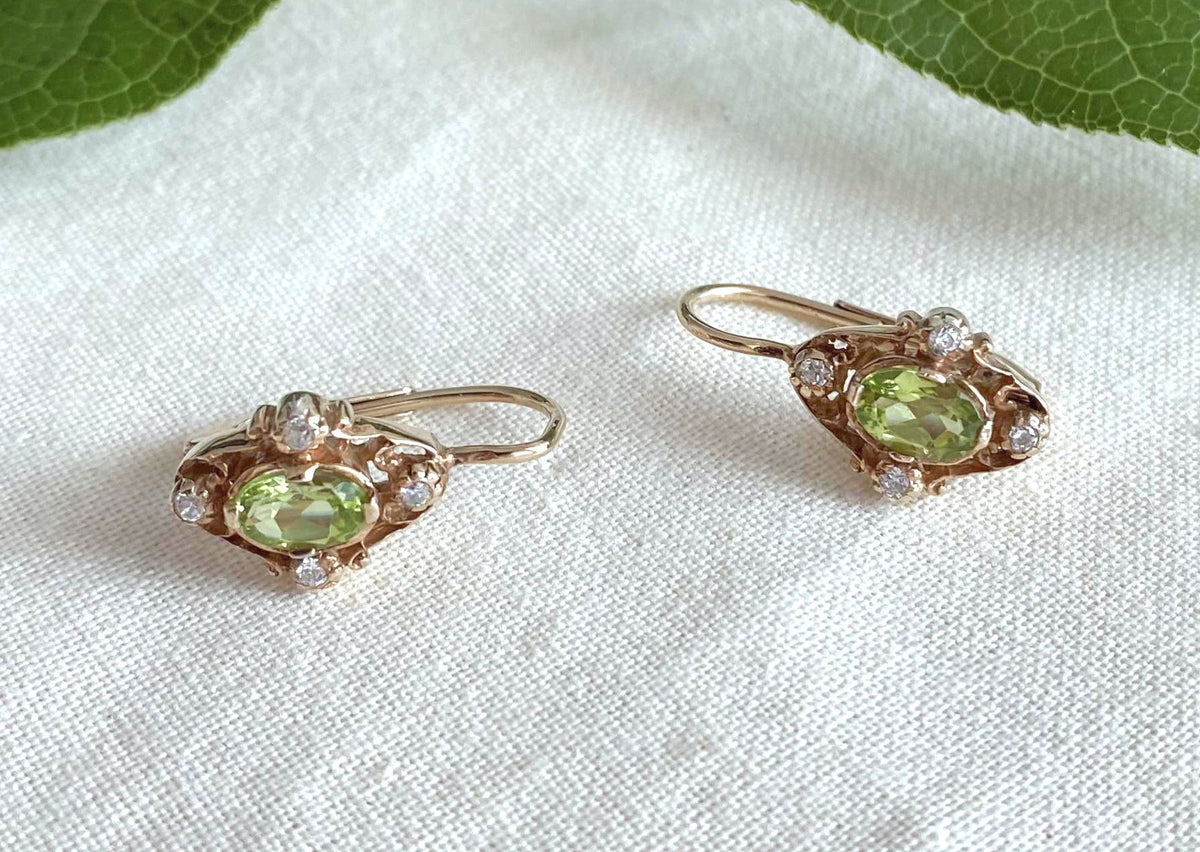 Zarter Jugendstil Ohrbügel, vintage Ohrbrisur, 925 Silber Rosegold vergoldet, Peridot, Zirkonia, Halbperlen, Ohrhänger Art Nouveau