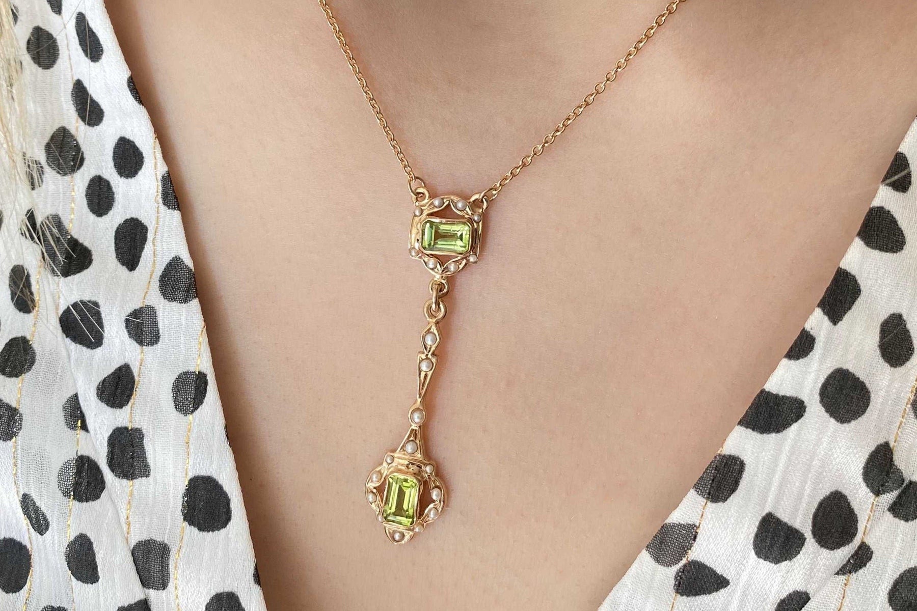 Jugendstilkette, Art Nouveau chain, 925 Silber Roségold vergoldet, Collier mit Peridot Edelsteinen, Oktagon, Achteck, Vintage Goldkette