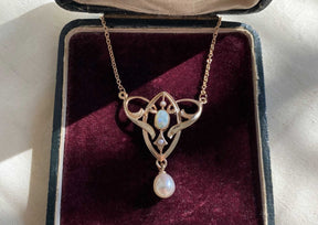 Außergewöhnliche Jugendstilkette Art Nouveau chain 585 Roségold Collier mit Opal Halbperlen Süßwasserperle Vintage Antik 14 Karat