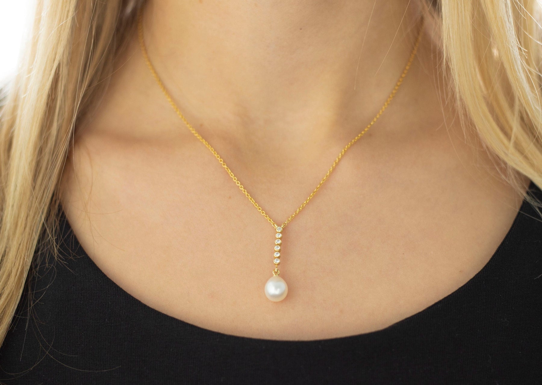 Goldkette 585 mit Süßwasserperle und Diamanten, 585 Braut Kette in Y-Form, elegante Halskette mit Perle, handgefertigt
