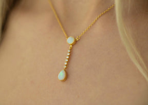 Goldkette 585 mit Opal Edelsteinen, Diamanten, echt gold Kette, 585 Braut Halskette, elegante Diamant Kette, handgefertigt