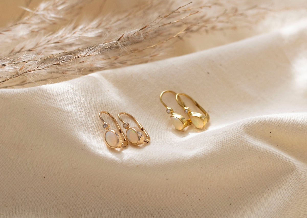 Goldohrringe 585 mit Opal, Ohrbügel 585 Gold mit Diamanten, Ohrhänger Gelbgold mit Brillanten, Brautschmuck, Art Nouveau