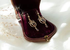 Jugendstil Ohrringe, Art Nouveau Ohrbügel, Ohrhänger 925 Sterling Silber Rosegold vergoldet, Granat Ohrschmuck, Vintage Ohrringe